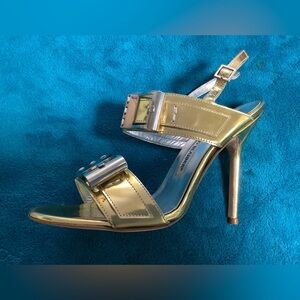 Manolo Blahnik Double Strap Buckle Ankle Strap Gold Heels Sandals
